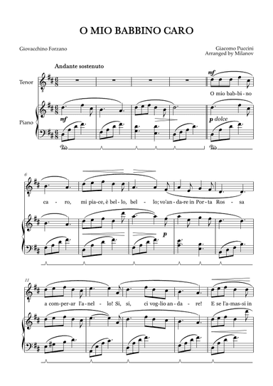 O Mio Babbino Caro | Male Voice Tenor | D Major | Piano accompaniment | Pedal (arr. Milanov)