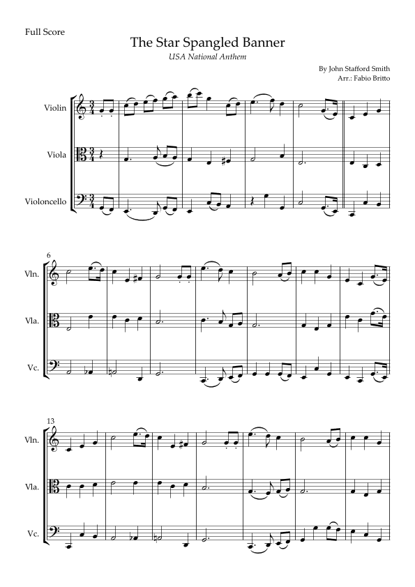The Star Spangled Banner (USA National Anthem) for String Trio (arr. Fabio Britto)