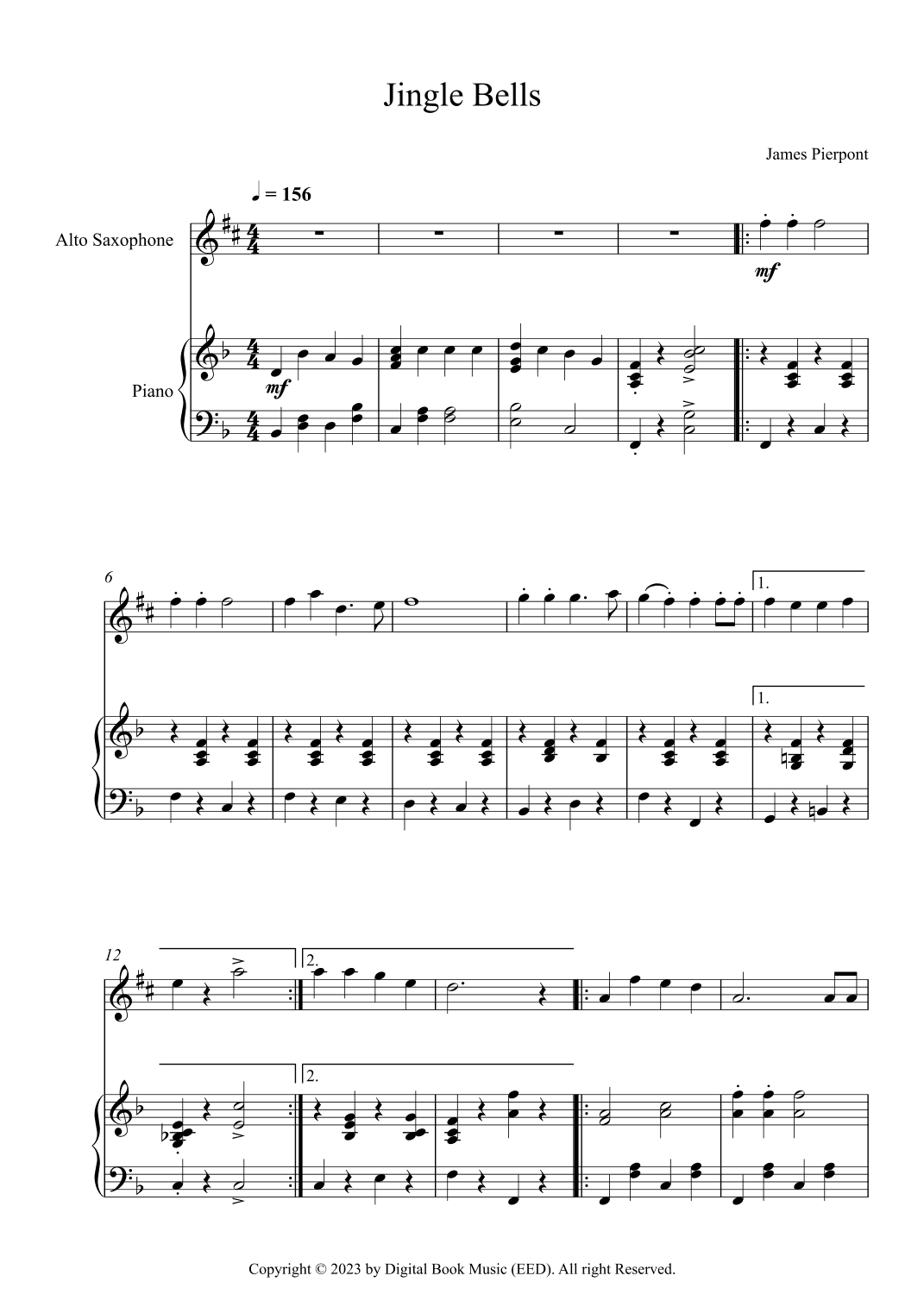 Jingle Bells, James Pierpont (Alto Sax + Piano) (arr. Digital Book Music)