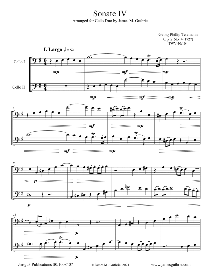 Telemann: Sonata Op. 2 No. 4 for Cello Duo (arr. James M. Guthrie)