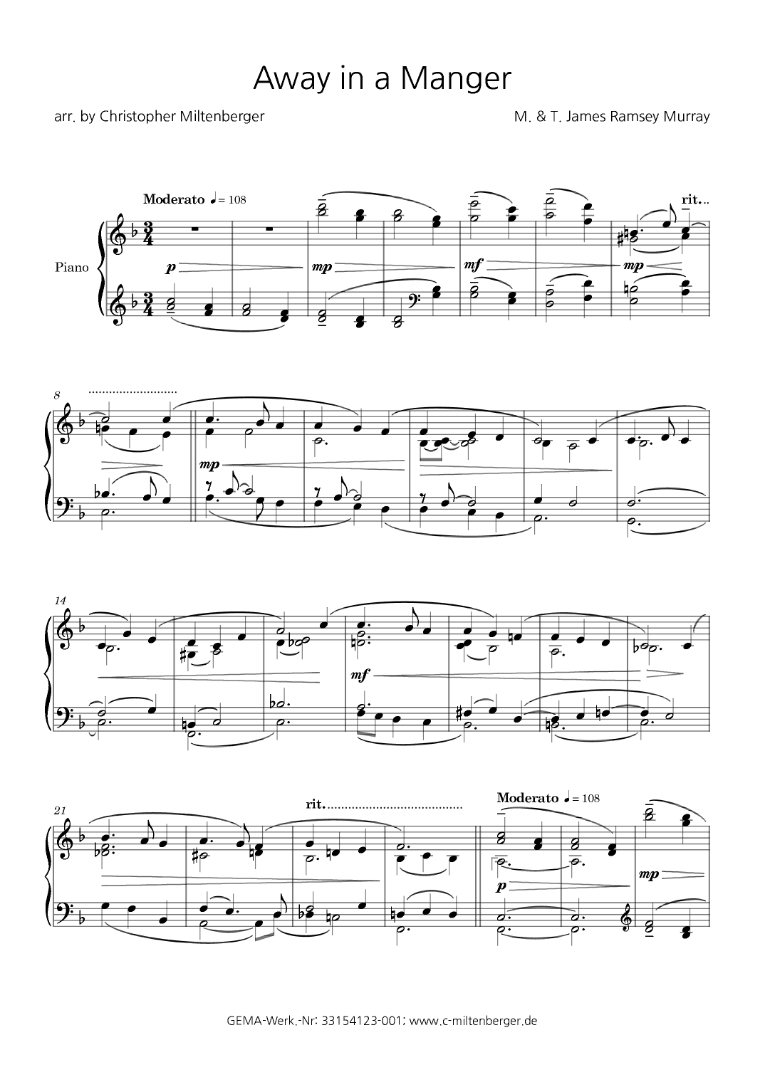 Away in a Manger for Piano Solo (arr. Christopher Miltenberger)
