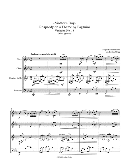 Mother's Day-Rhapsody on a Theme by Paganini Variation No.18 (Wind Quartet) (arr. Jordan Grigg)