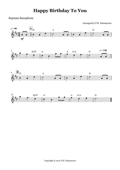 Happy Birthday To You Soprano - Saxophone Solo with Chords (arr. P.H. Damasceno)
