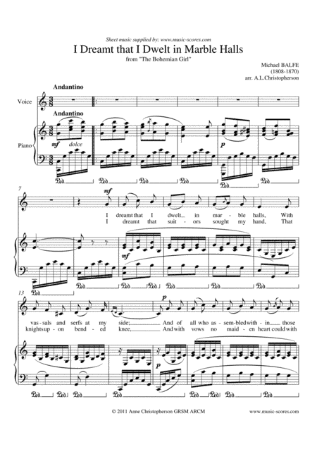 Marble Halls, from "The Bohemian Girl" - Voice and Piano, C major (arr. Anne L Christopherson GRSM ARCM)