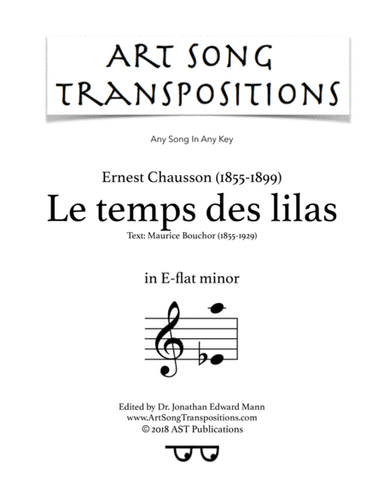 CHAUSSON: Le temps des lilas (transposed to E-flat minor) (arr. ArtSongTranspositions.com)
