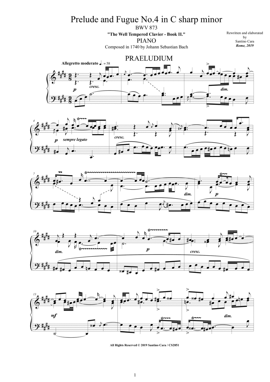 Bach - Prelude and Fugue No.4 in C sharp minor BWV 873 for Piano (arr. Santino Cara)