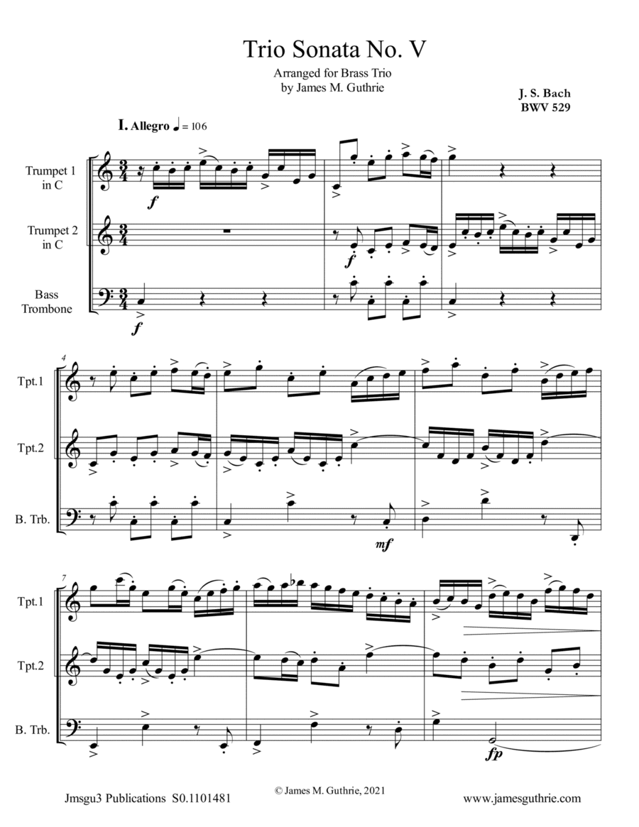 BACH: Trio Sonata No. 5 BWV 529 for Brass Trio (arr. James M. Guthrie)