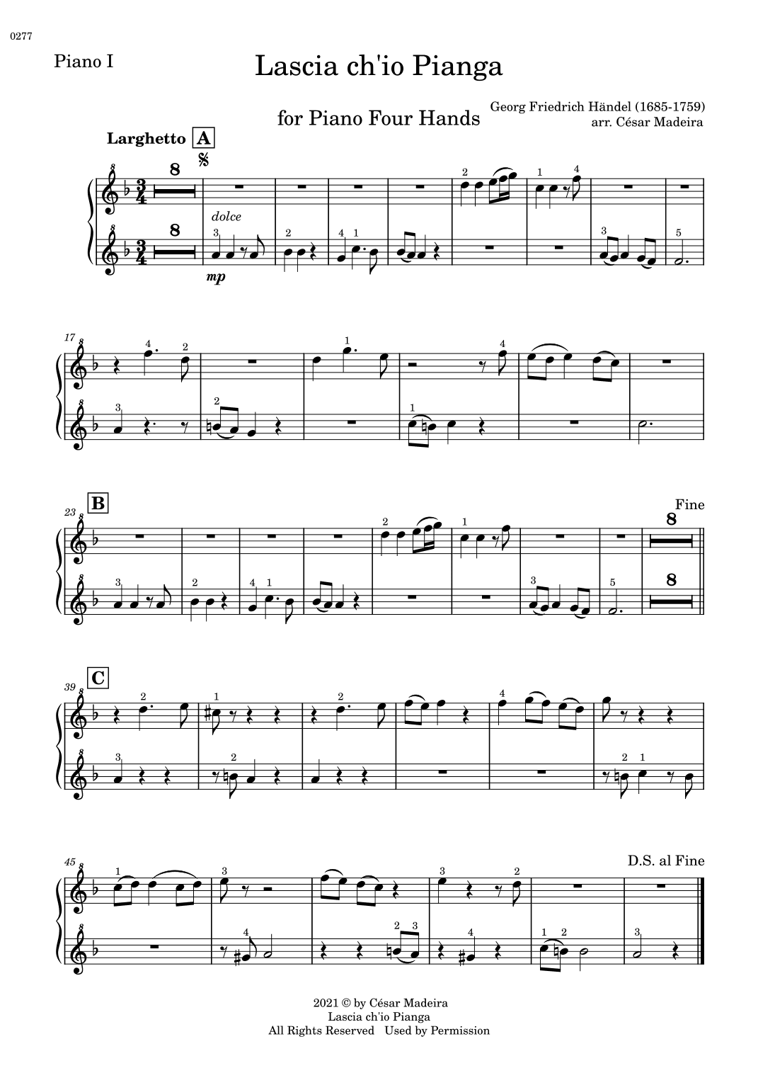 Lascia Ch'io Pianga - Piano Four Hands (Individual Parts) (arr. César Madeira)