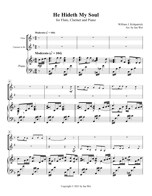 He Hideth My Soul for Flute, Clarinet and Piano (arr. Ian Wei)