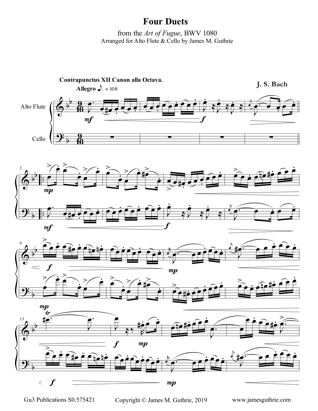 Bach: Four Duets from the Art of Fugue for Alto Flute & Cello (arr. James M. Guthrie)