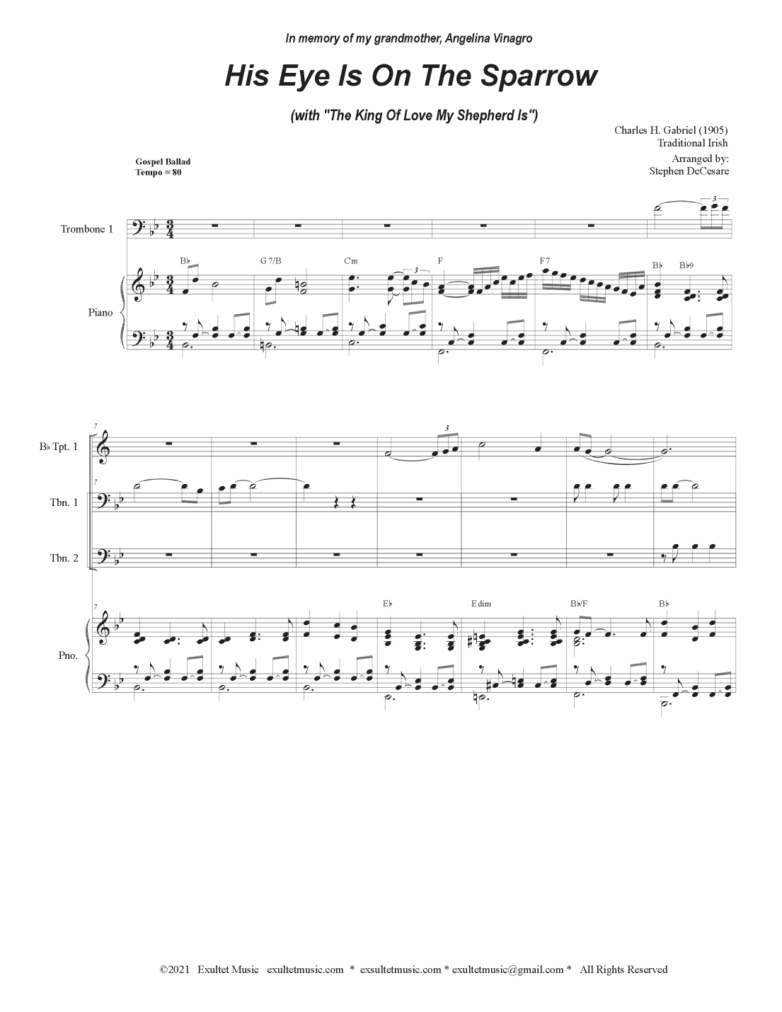 His Eye Is On The Sparrow (with "The King Of Love...") (Brass Quartet and Piano - Alternate) (arr. Stephen DeCesare)