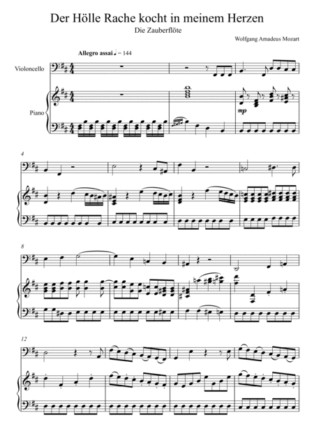 W.A Mozart - Der Hölle Rache kocht in meinem Herzen (Die Zauberflöte) Violoncello Solo - D Key (arr. André Laitano)