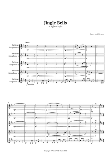Jingle Bells in Different Styles for Baritone Sax Quintet (arr. Ander)
