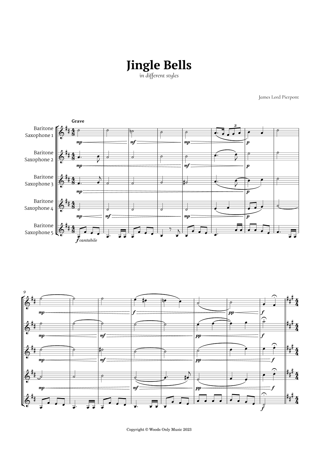 Jingle Bells in Different Styles for Baritone Sax Quintet (arr. Ander)