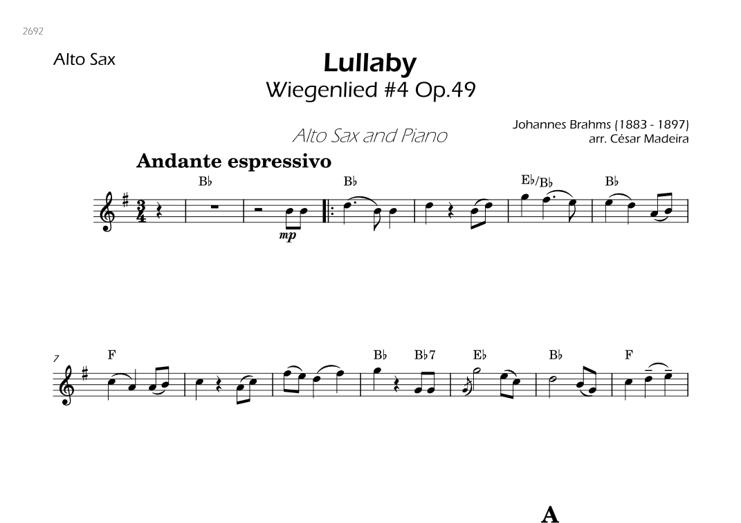 Brahms' Lullaby - Alto Sax Solo - W/Chords (arr. César Madeira)