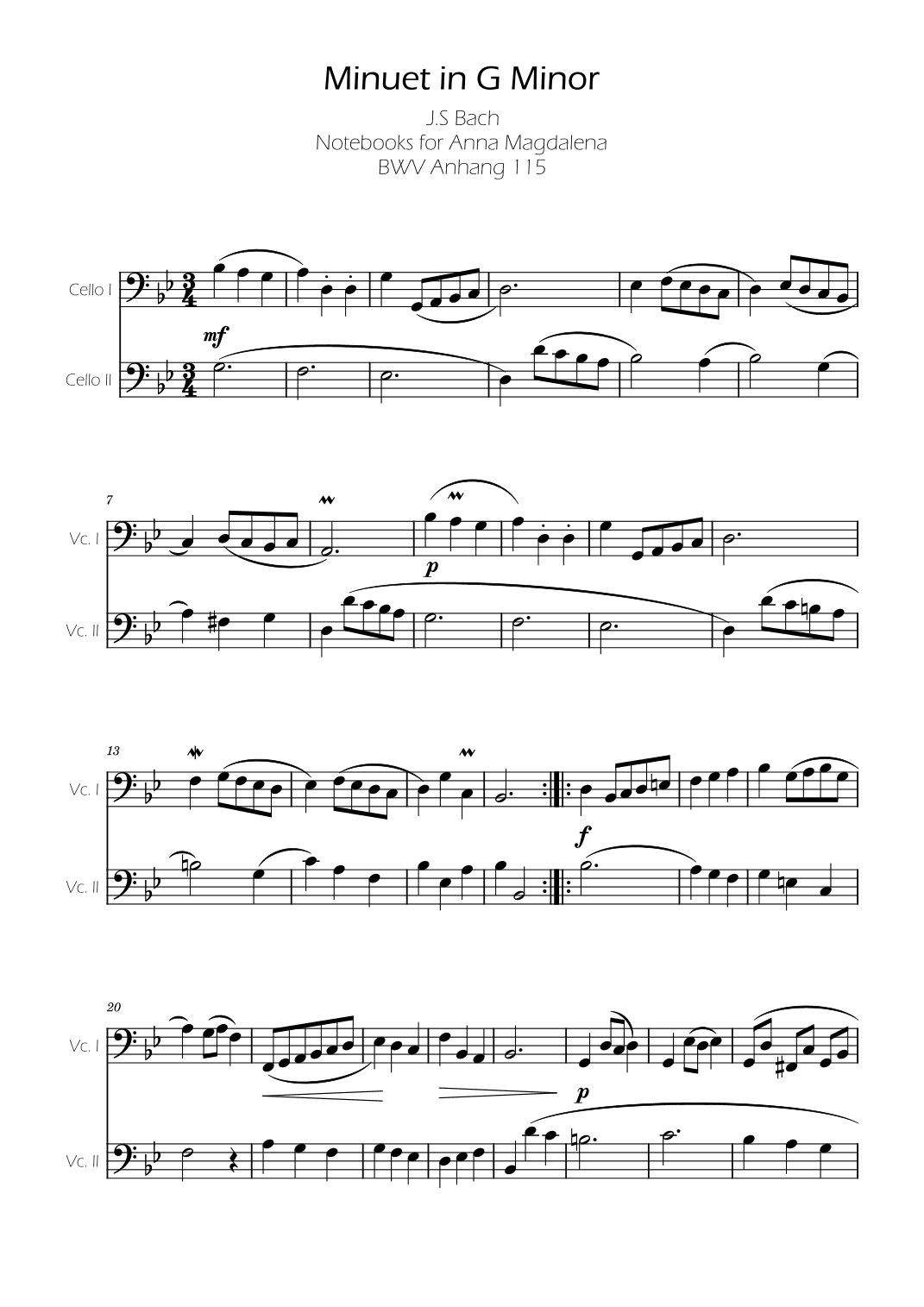 Minuet in G minor BWV Anh. 115 - Bach - Cello Duo (arr. Ygor Nunes Silva)