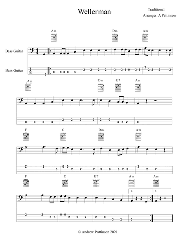Wellerman for Bass Guitar with Chords and TAB (arr. Andrew Pattinson)
