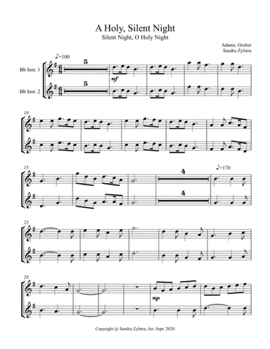 A Holy, Silent Night  (treble Bb instrument duet, parts only) (arr. Sandra Zylstra)
