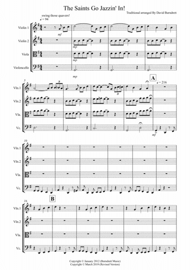 The Saints Go Jazzin' In! for String Quartet (arr. David Burndrett)