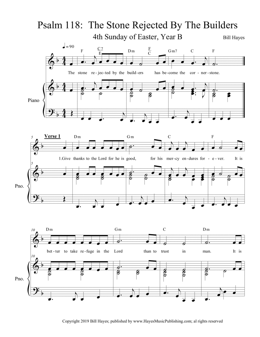 Psalm 118:  The Stone Rejected By The Builders (4th Sunday in Easter, Year B, piano/vocal)