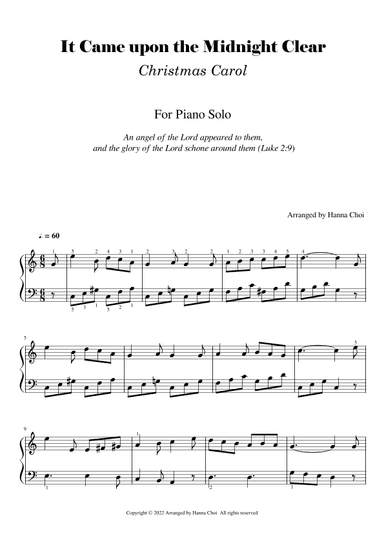 It Came Upon a Midnight Clear [Christmas Carol for Piano Solo/Easy] (arr. Hanna Choi)