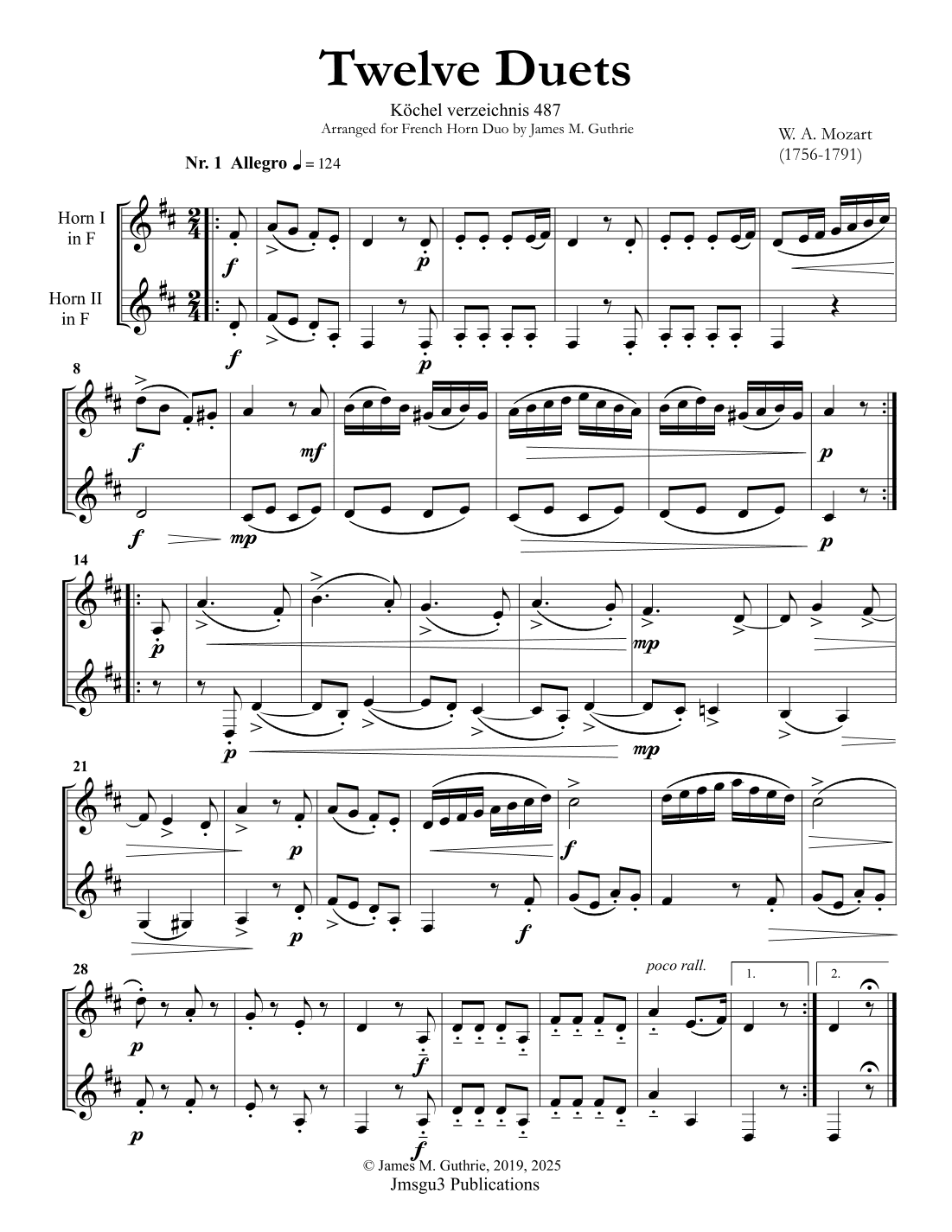 Mozart: Twelve Duets K. 487 for French Horn Duo (arr. James M. Guthrie, ASCAP)