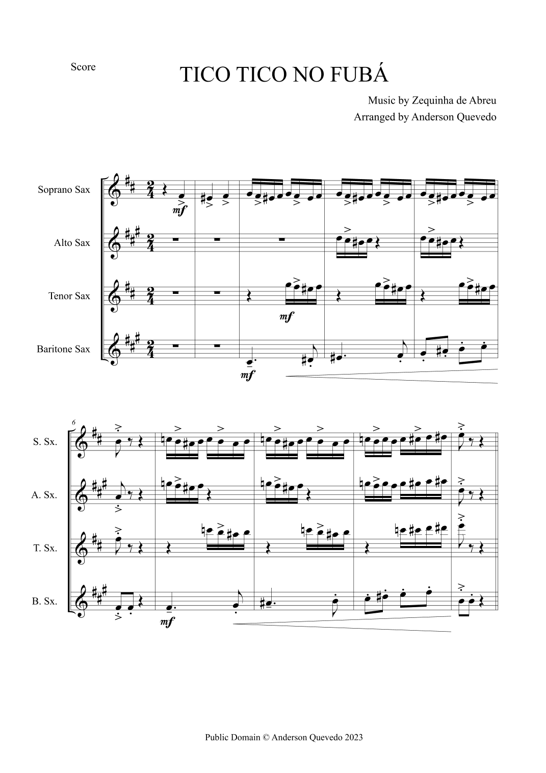 Tico Tico no Fubá by Zequinha de Abreu for Sax Quartet (SATB) (arr. Anderson Quevedo)