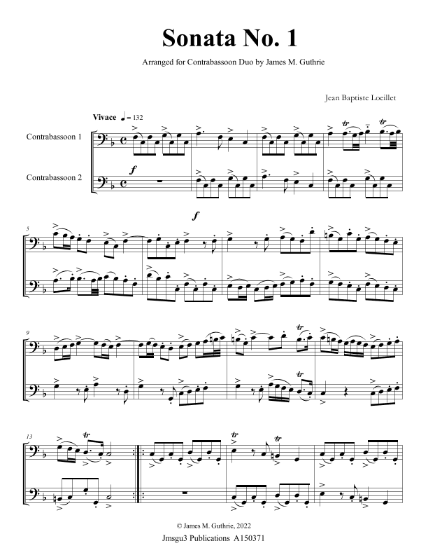Loeillet: Six Sonatas Op. 5 No. 2 Complete for Contrabassoon Duo (arr. James M. Guthrie)