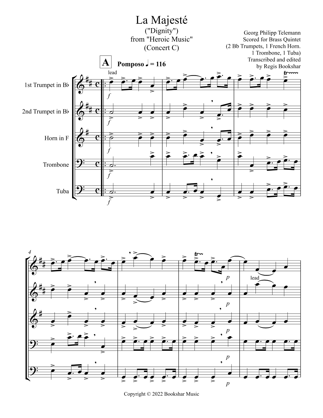 La Majeste (from "Heroic Music") (C) (Brass Quintet - 2 Trp, 1 Hrn, 1 Trb, 1 Tuba) (arr. Regis Bookshar)