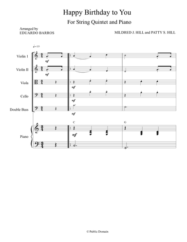 Happy Birthday to You (For String Quintet with Piano accompaniment and Chords) (arr. Eduardo Barros)