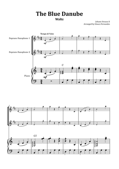 The Blue Danube - Soprano Saxophone Duet with Piano and Chord Notations (arr. Glauco Fernandes)