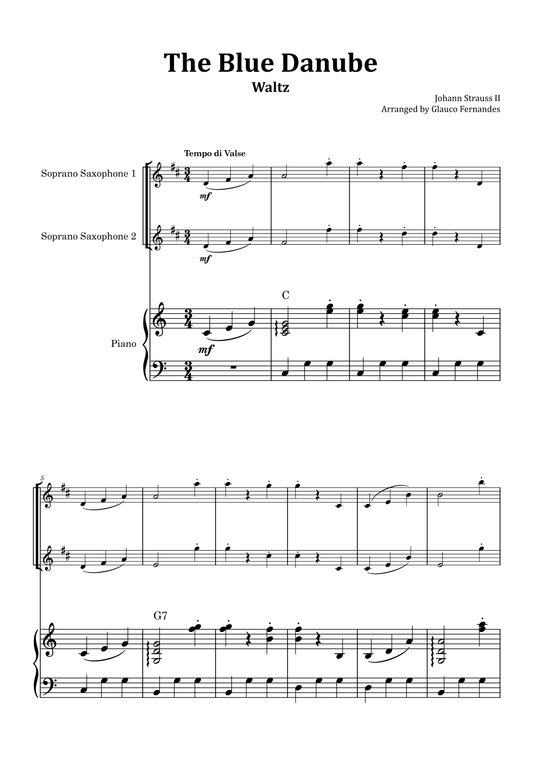 The Blue Danube - Soprano Saxophone Duet with Piano and Chord Notations (arr. Glauco Fernandes)