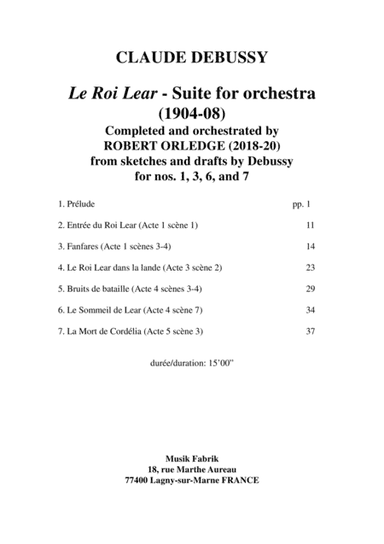Claude Debussy: Le Roi Lear Suite for orchestra, score only