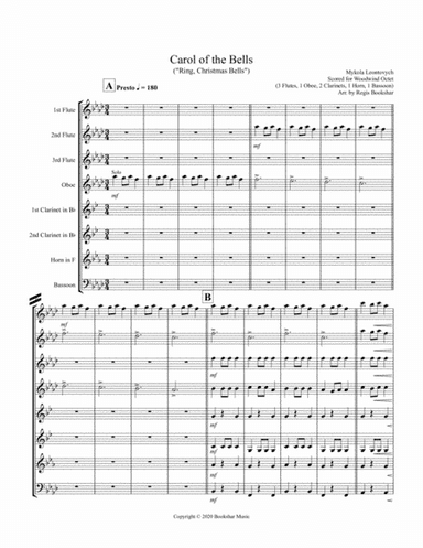 Carol of the Bells (F min) (Woodwind Octet - 3 Flute, 1 Oboe, 2 Clar, 1 Hrn, 1 Bassoon) (arr. Regis Bookshar)