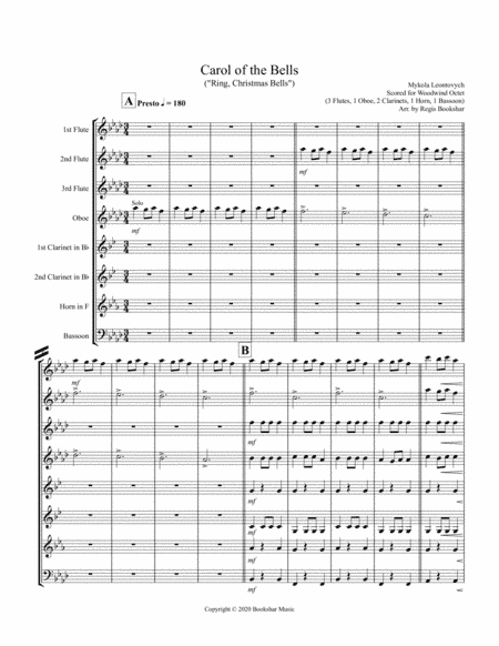 Carol of the Bells (F min) (Woodwind Octet - 3 Flute, 1 Oboe, 2 Clar, 1 Hrn, 1 Bassoon) (arr. Regis Bookshar)