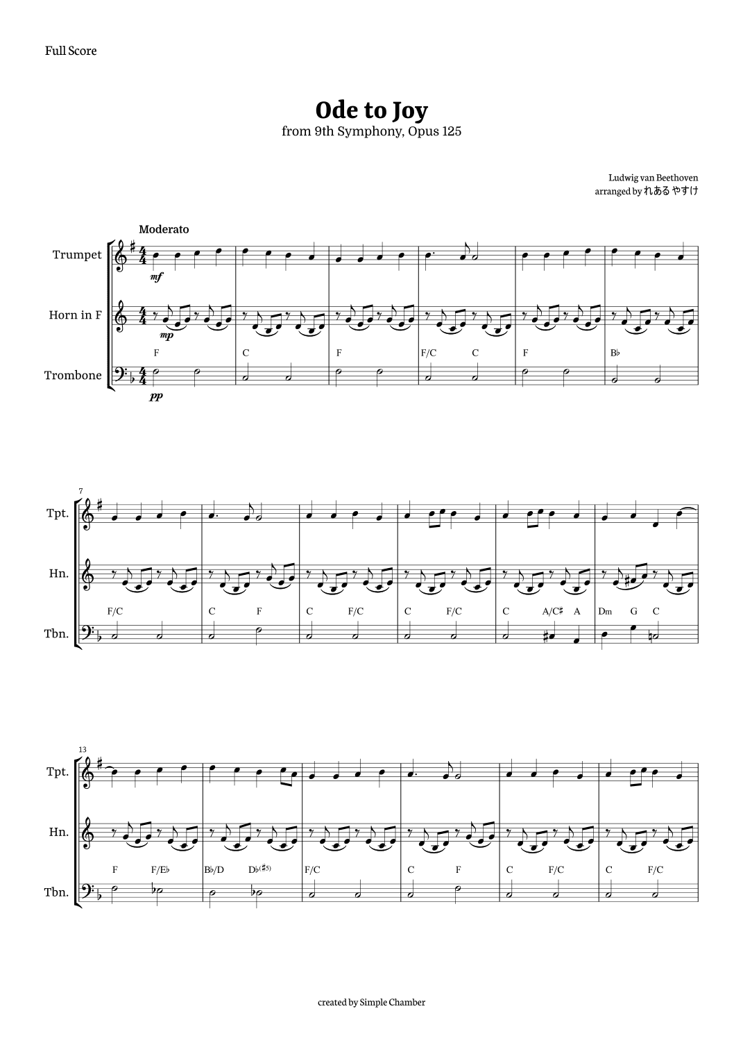 Ode to Joy for Brass Trio by Beethoven Opus 125 (arr. れある やすけ)