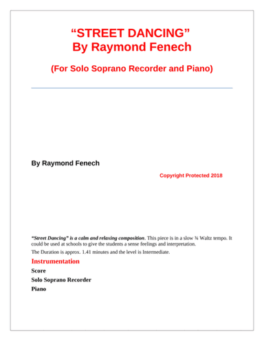 "Street Dancing" - For Solo Soprano Recorder and Piano - Early Intermediate/ Intermediate level