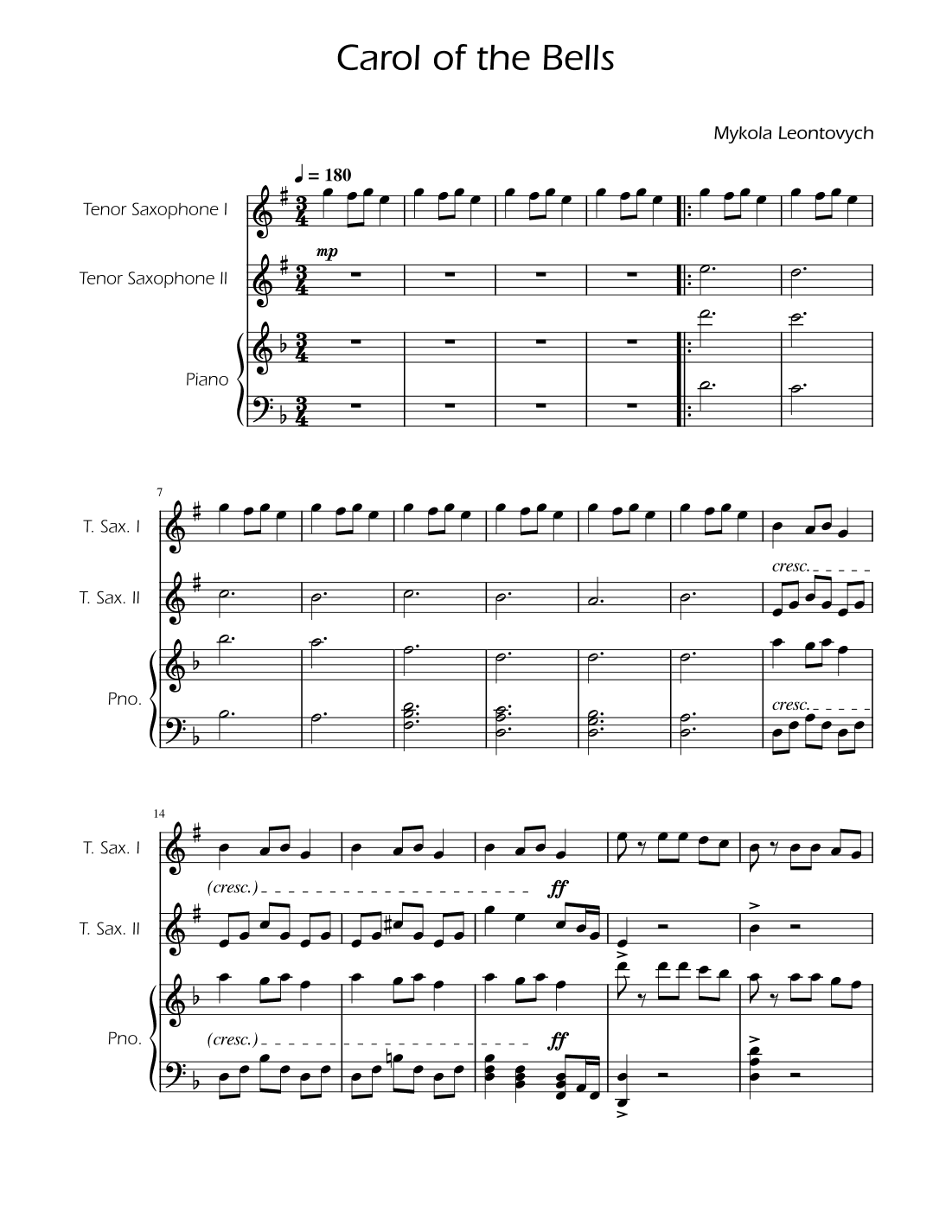 Carol of the Bells - Tenor Sax Duet w/ Piano (arr. Ygor Nunes)