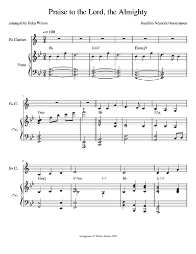 Praise to the Lord, the Almighty--clarinet solo (arr. Beka Wilson)
