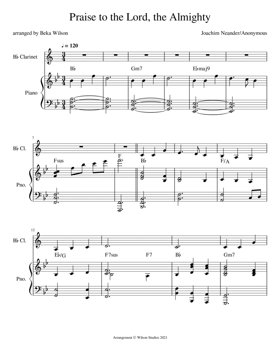 Praise to the Lord, the Almighty--clarinet solo (arr. Beka Wilson)