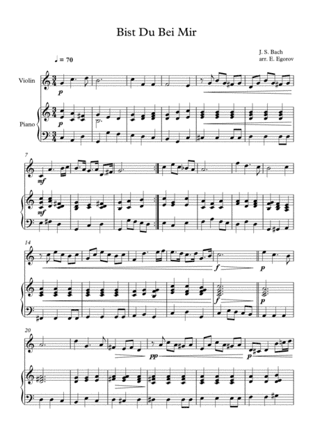 Bist Du Bei Mir, Johann Sebastian Bach, For Violin & Piano