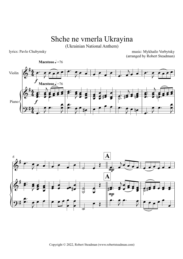 Shche ne vmerla Ukrayina (Ukrainian National Anthem) -  violin + piano (Score/part inc) (arr. Robert Steadman)