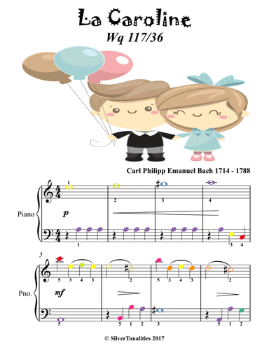 La Caroline W1 117 36 Easy Piano Sheet Music with Colored Notes (arr. SilverTonalities)