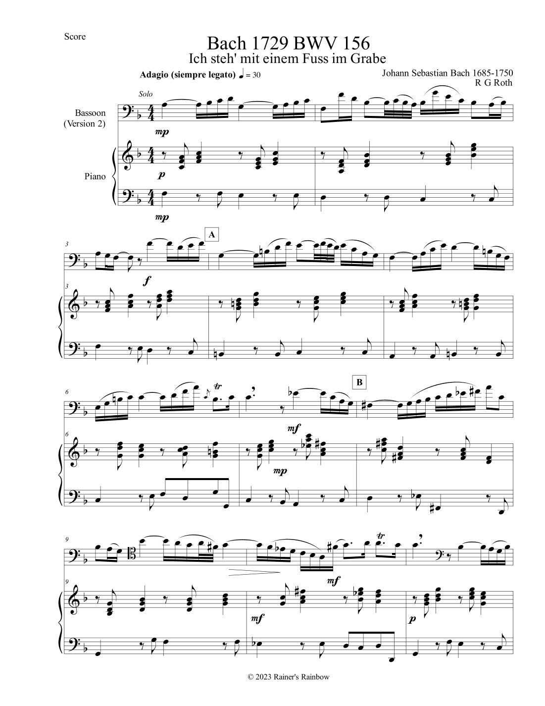 Bach 1729 BWV 156 Adagio Bassoon Solo and Piano (arr. R G Roth)