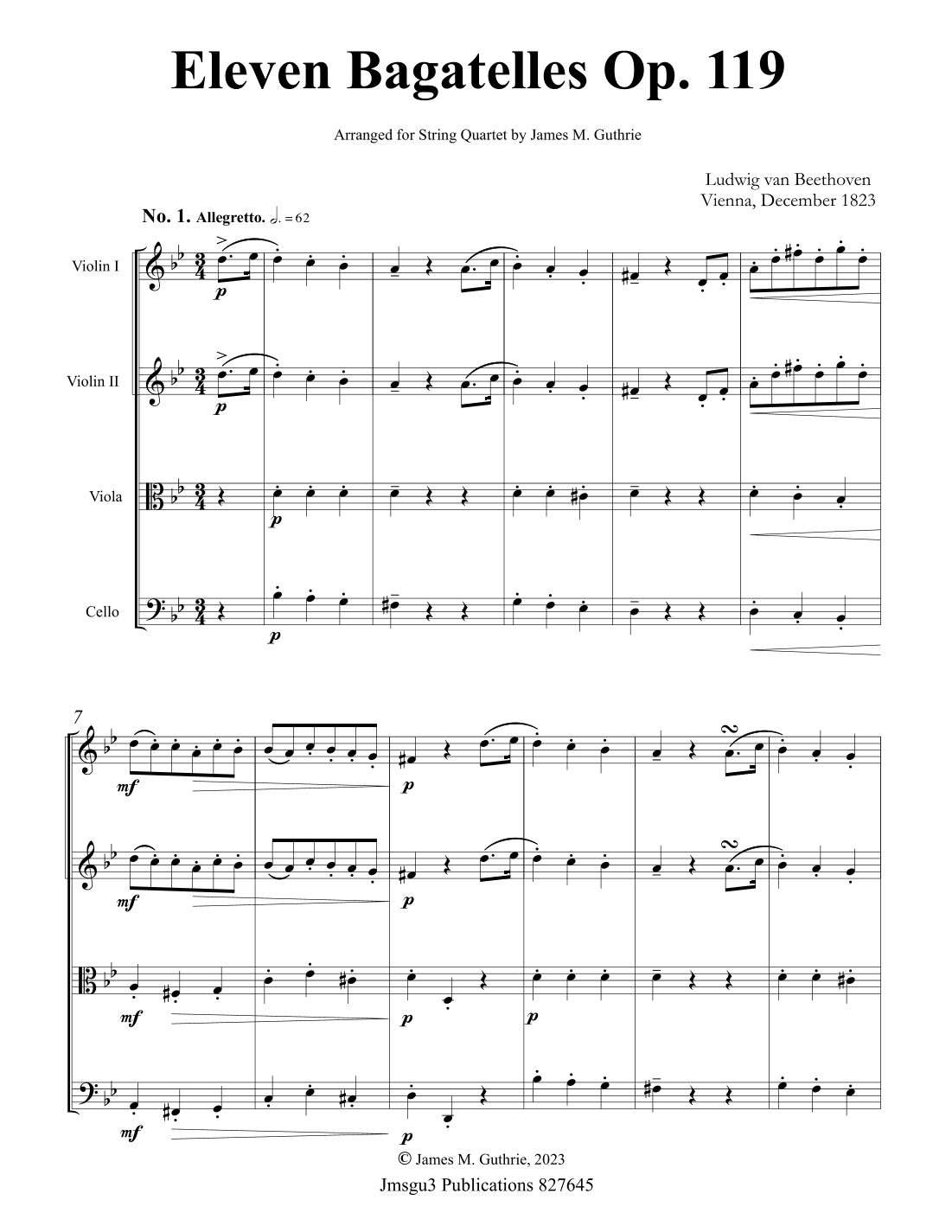 Beethoven: Eleven Bagatelles Op. 119 Complete for String Quartet (arr. James M. Guthrie, ASCAP)