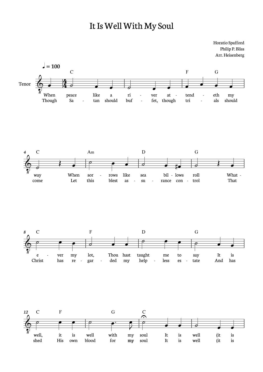 It Is Well With My Soul - Tenor in C with lyrics and chords (arr. Heisenberg)