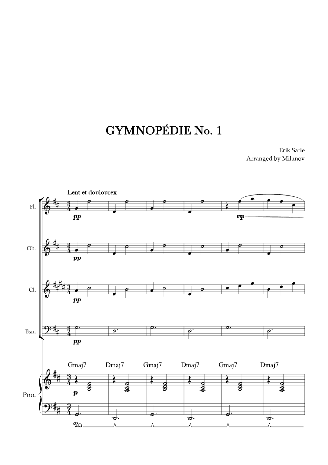 Gymnopédie no 1 | Woodwind Quartet | Original Key | Chords | Piano accompaniment |Easy intermediate (arr. Milanov)