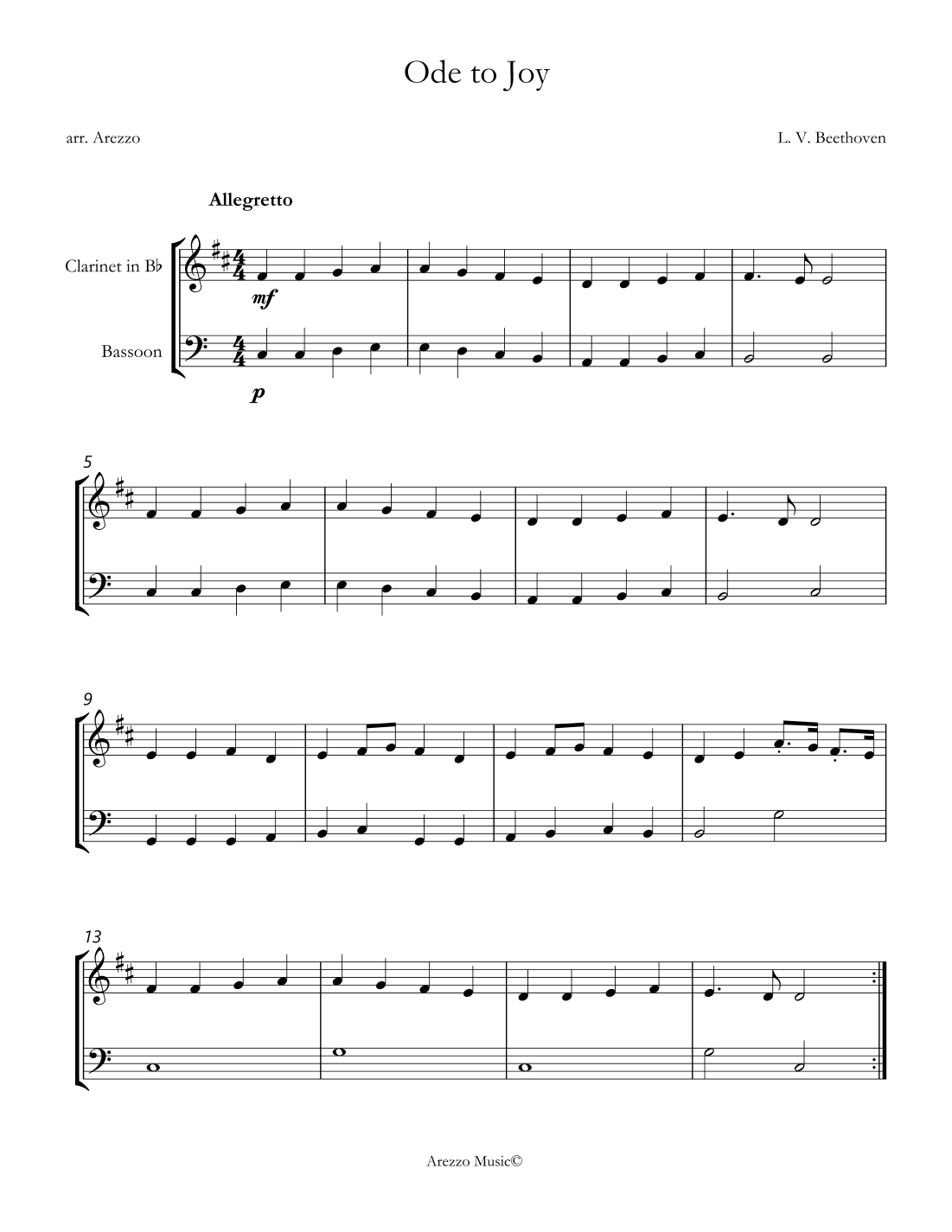 ode to joy clarinet and bassoon sheet music in c for beginners (arr. Arezzo Music)