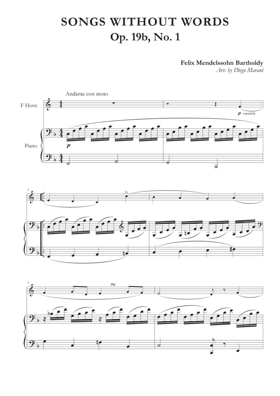 Song Without Words Op. 19 No. 1 for Horn and Piano (arr. Diego Marani)