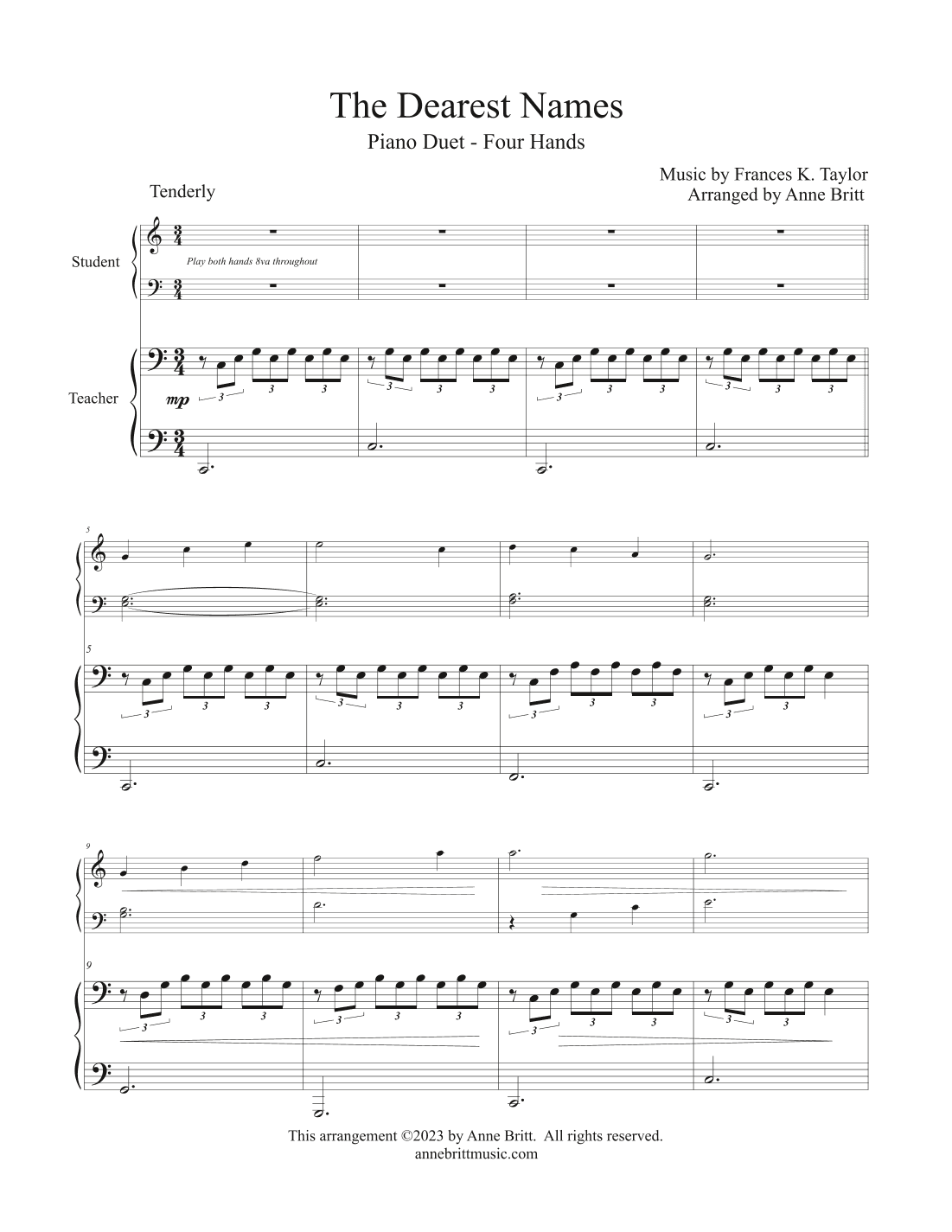 The Dearest Names (late elementary student/teacher piano duet) (arr. Anne Britt)